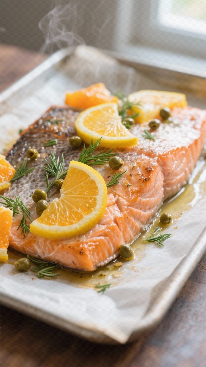 Cooking process: Sheet-pan baked salmon just out of the oven at medium doneness, skin-on fillet with
