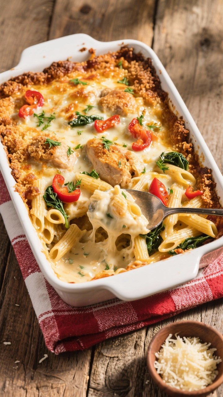 Final baked casserole, top view: Overhead shot of a golden, bubbly Christmas Chicken Alfredo Bake in