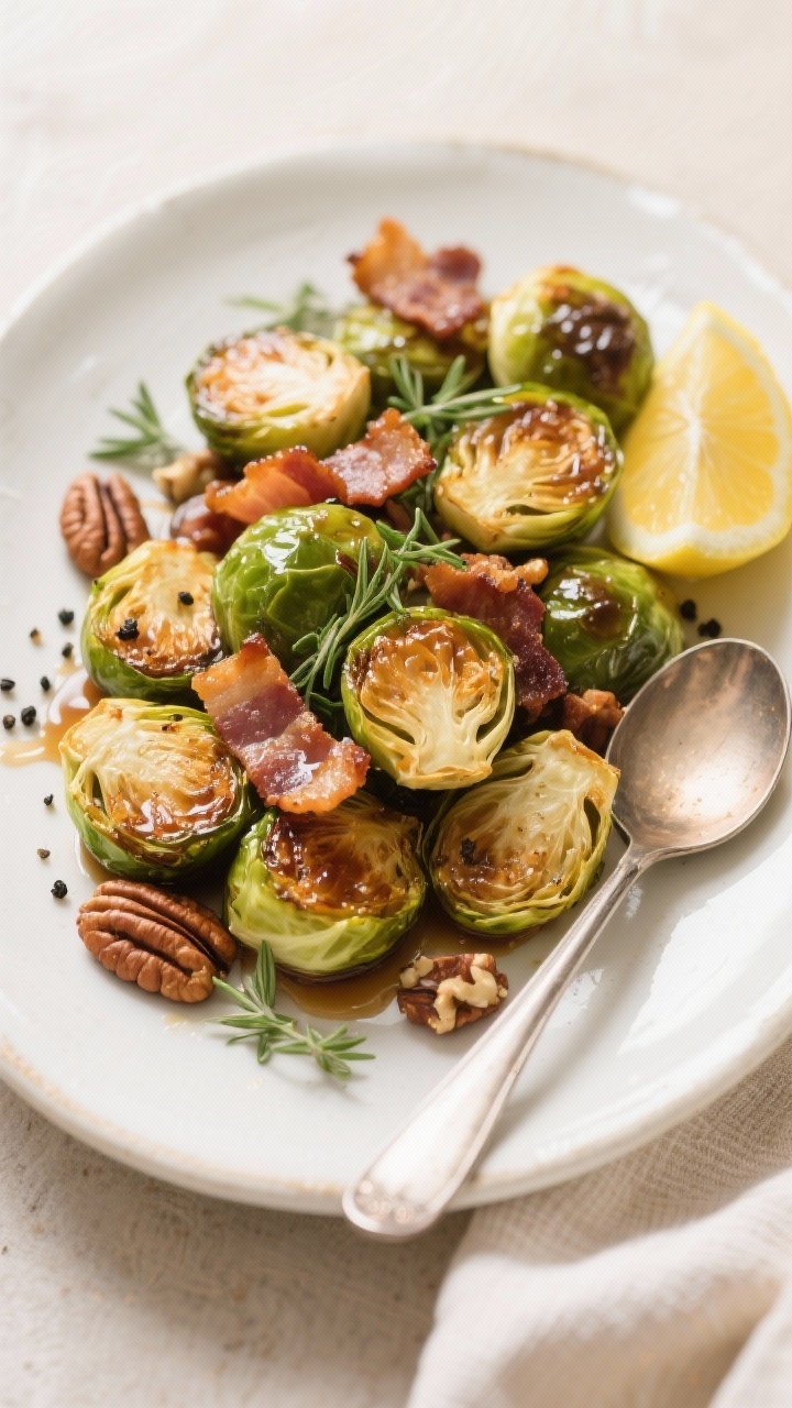 Final dish — Beautifully plated Roasted Maple Brussels Sprouts with Crispy Bacon on a warm white c