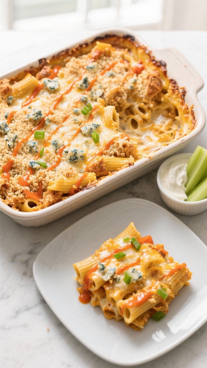 Final dish overhead: A bubbling, golden Buffalo Chicken Pasta Bake in a 9x13 ceramic baking dish jus