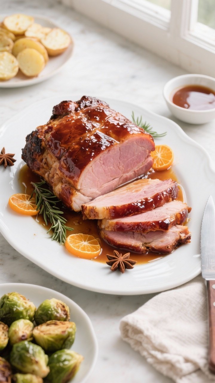 Final dish, overhead hero shot: Festive tabletop presentation of the finished Honey Glazed Christmas