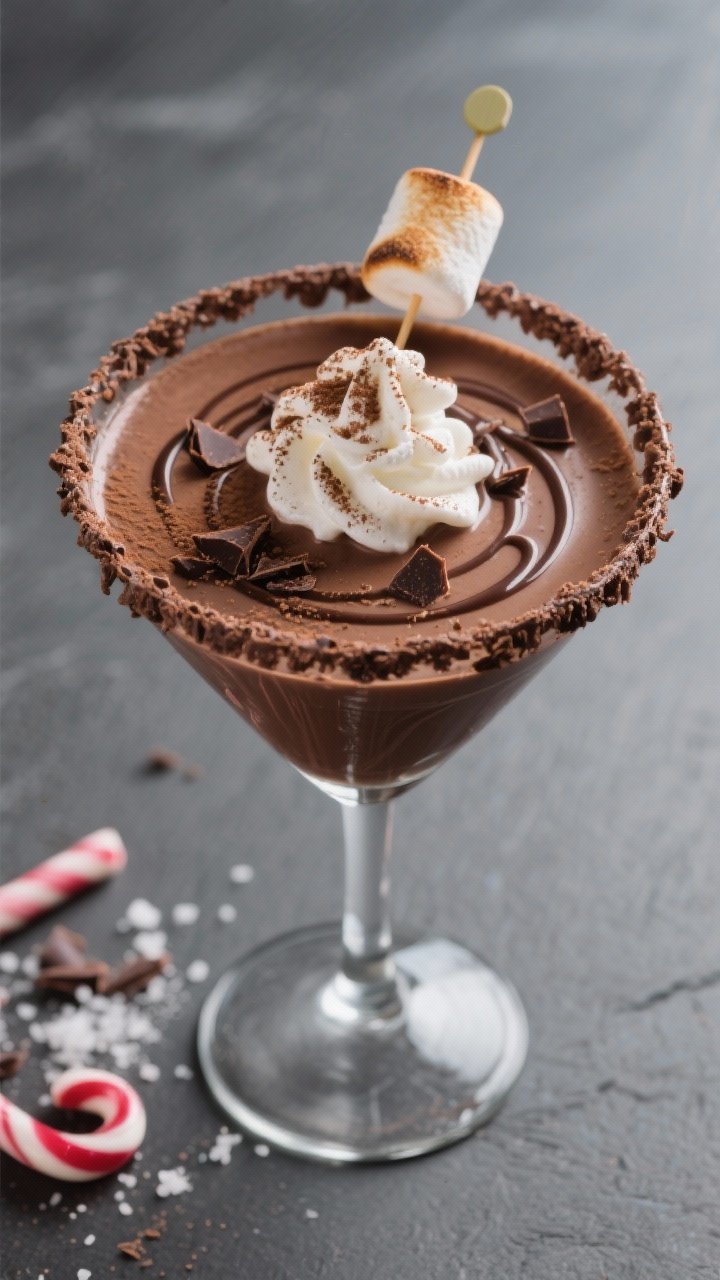 Final dish overhead: Overhead shot of a finished Hot Cocoa Martini in a chilled martini glass with a
