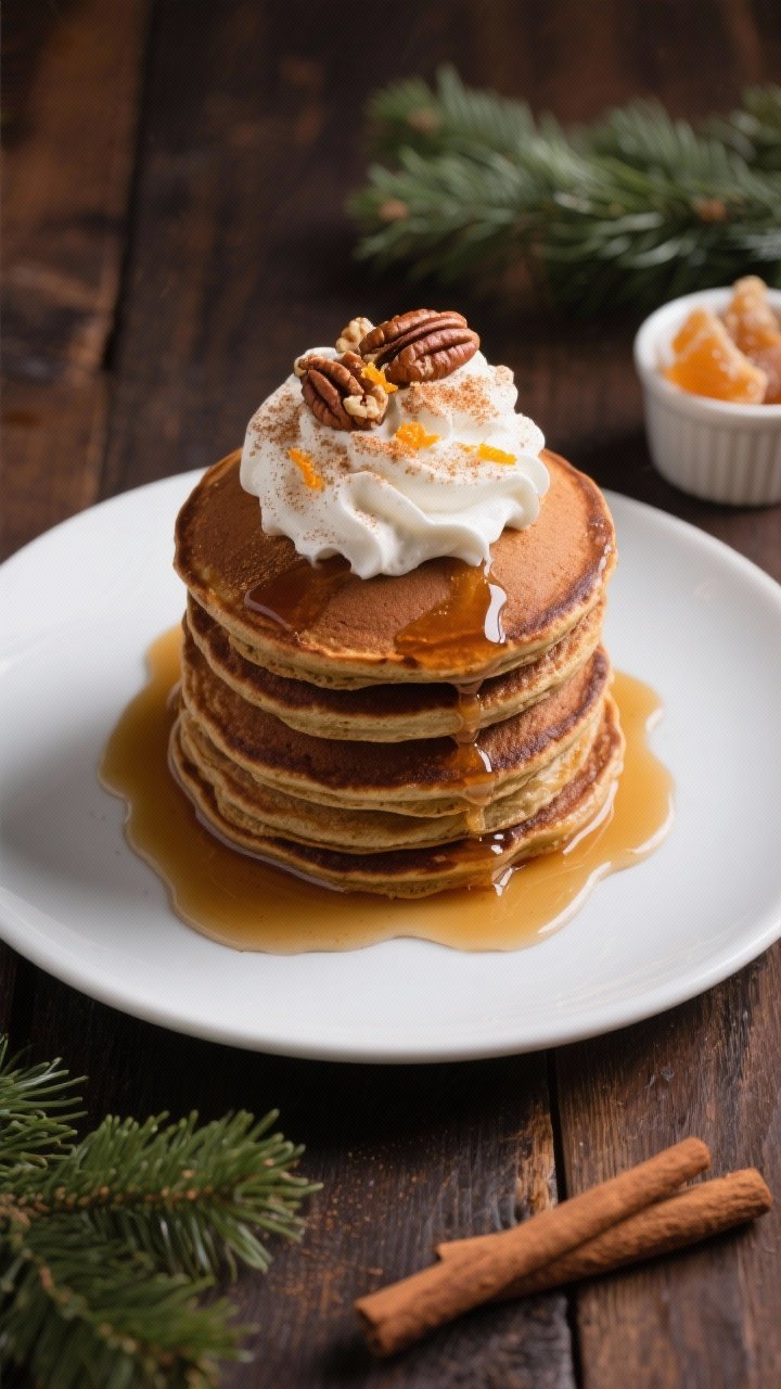 Final dish, overhead presentation: Overhead shot of a tall stack of gingerbread pancakes on a matte 
