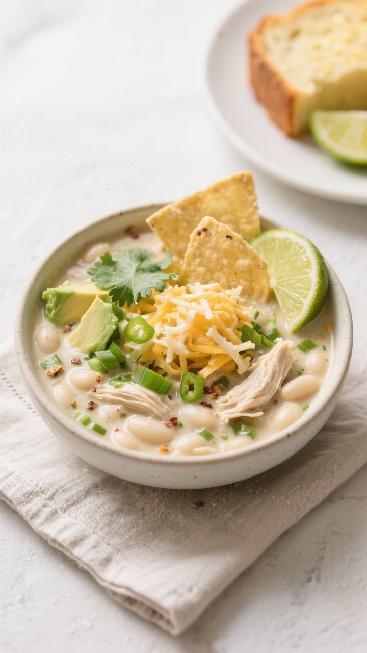 Final dish, tasty top view: Overhead shot of a beautifully plated bowl of Creamy White Chicken Chili