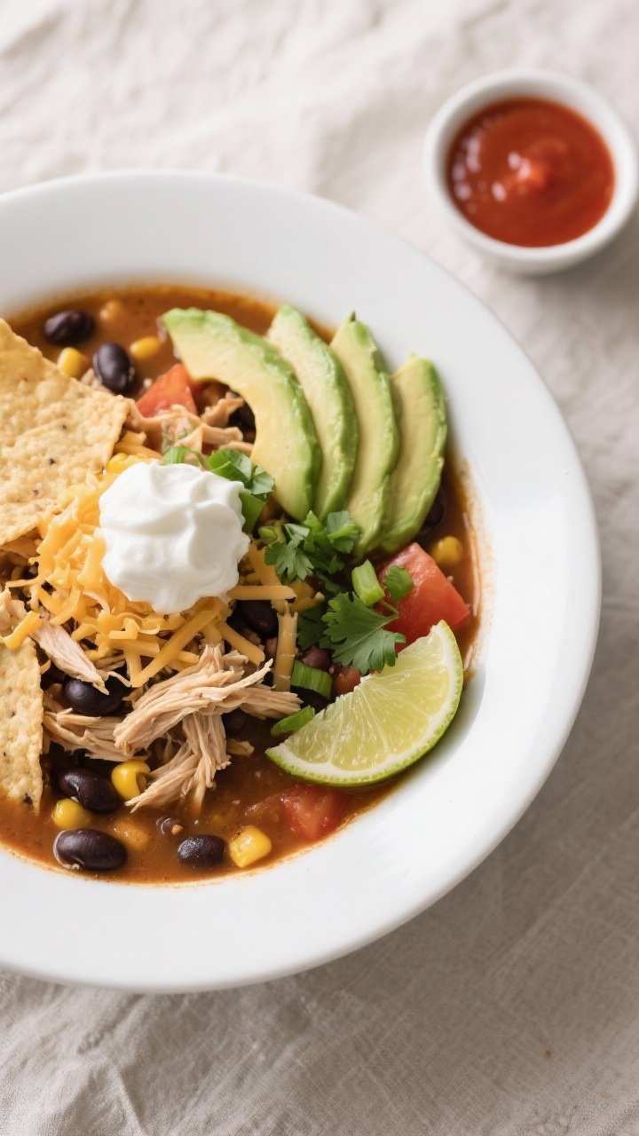 Final dish, tasty top view: Overhead shot of a bowl of chicken taco soup with a balanced, hearty-to-