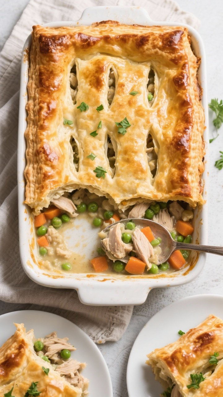 Final dish, tasty top view: Overhead shot of a golden, flaky puff pastry–topped chicken pot pie ca