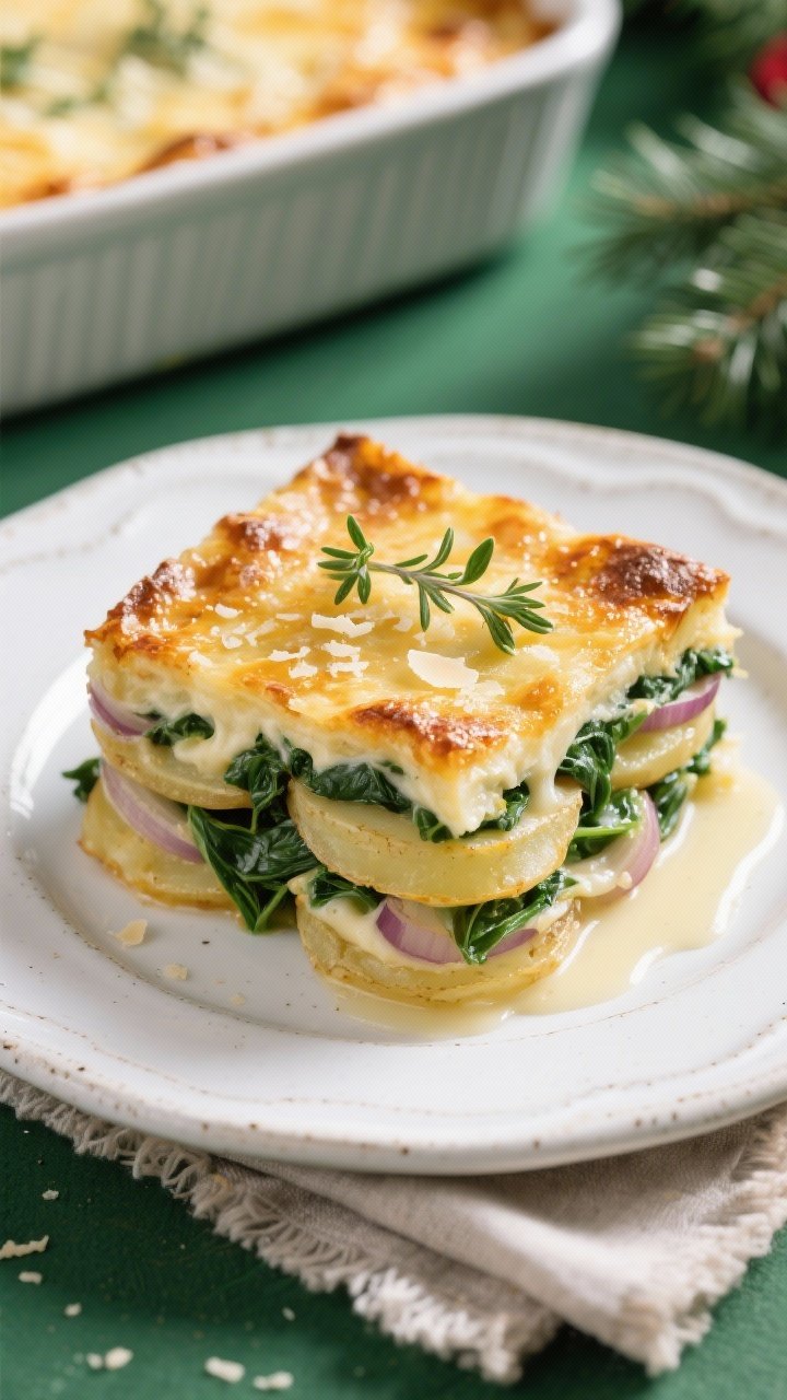Final dish, tasty top view: Overhead shot of a rested, sliced square of Creamy Spinach Potato Gratin