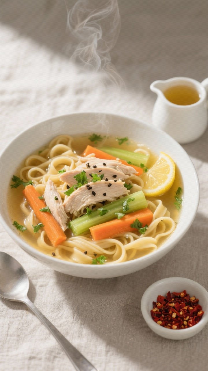 Final dish, tasty top view: Overhead shot of a steaming bowl of chicken noodle soup, wide egg noodle