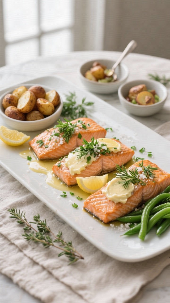 Final dish, tasty top view: Overhead shot of beautifully plated garlic herb butter salmon portions o