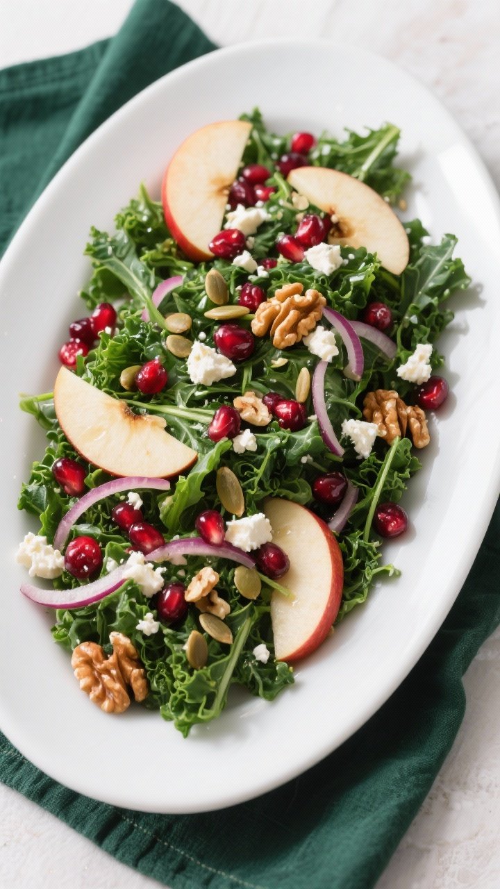 Final dish, tasty top view: Overhead shot of the finished Cranberry Apple Winter Green Salad artfull