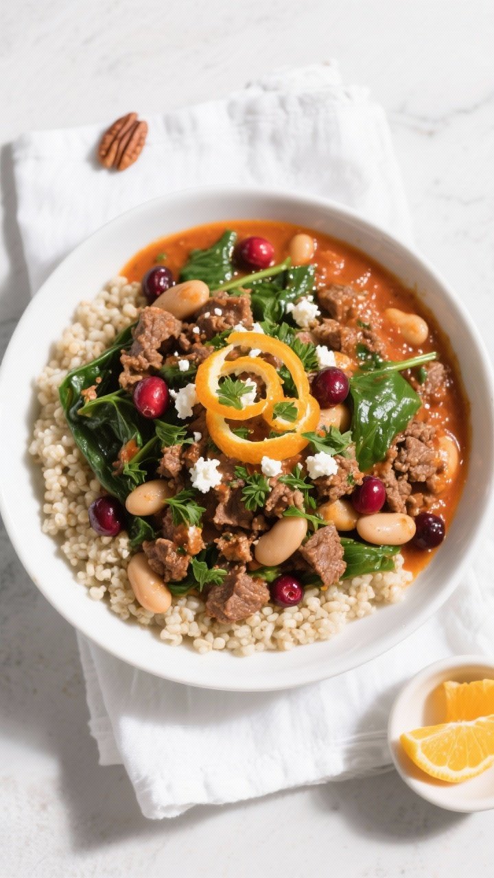Final dish, tasty top view: Overhead shot of the finished High-Protein Christmas Beef Skillet ladled