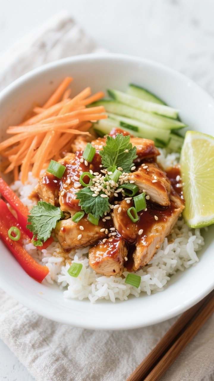 Final dish, top-down bowl: Overhead shot of Sweet Chili Chicken Bowls—fluffy jasmine rice base top