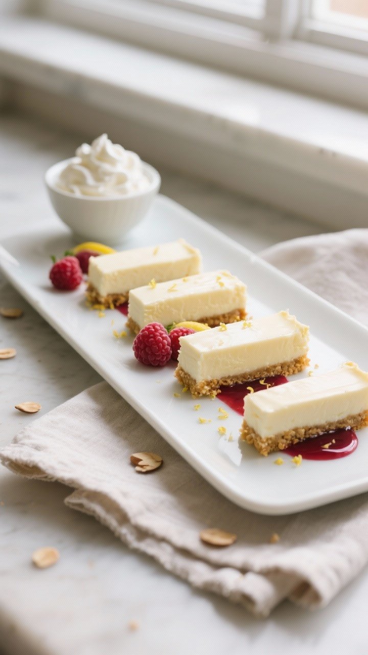 Final dish/top-down: Overhead shot of chilled sugar-free cheesecake bars sliced cleanly into even sq