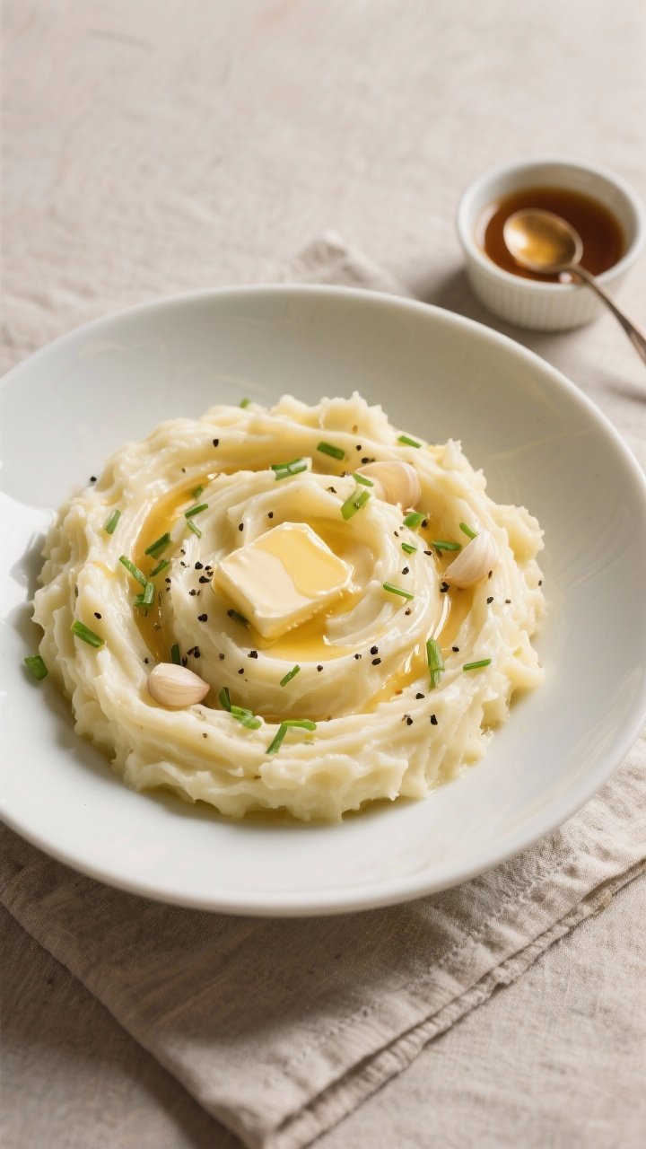 Final dish top view: Overhead shot of a wide, shallow white bowl filled with creamy garlic mashed po