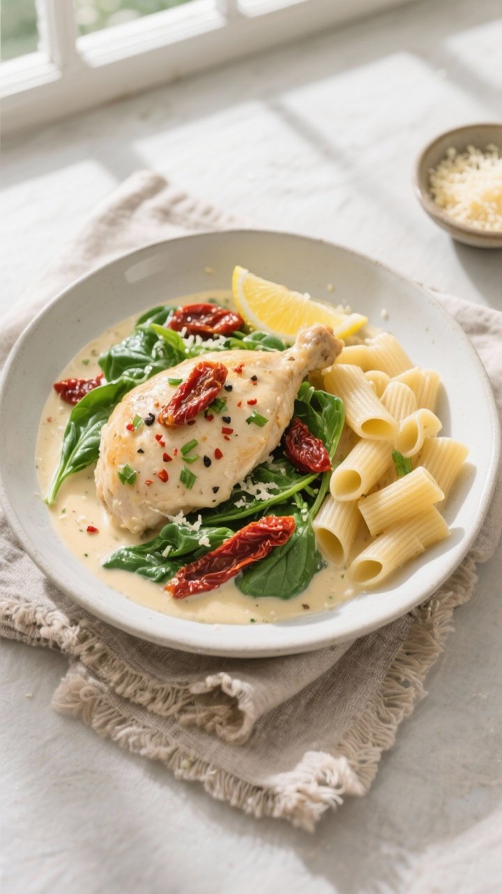 Final dish, top view: Overhead shot of Creamy Tuscan Chicken nestled in silky Parmesan cream sauce w