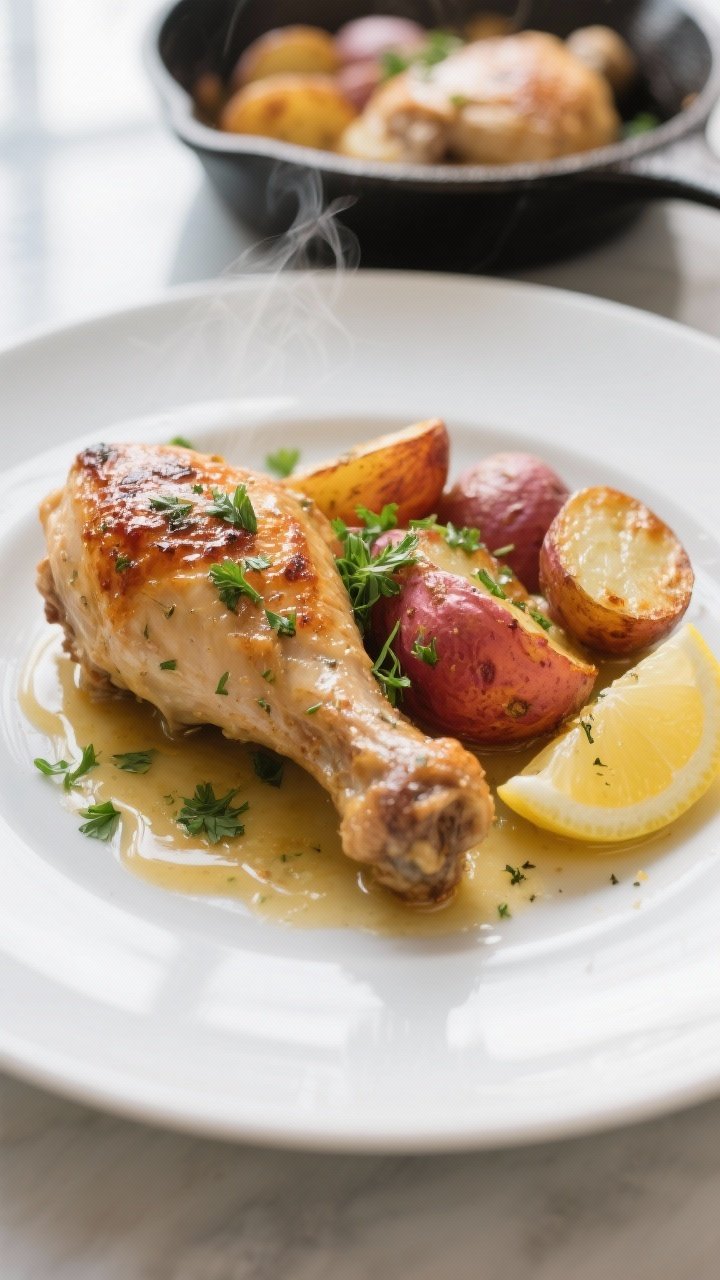 Final plated, close-up beauty: Close-up three-quarter angle of a plated Herb Butter Chicken and Pota