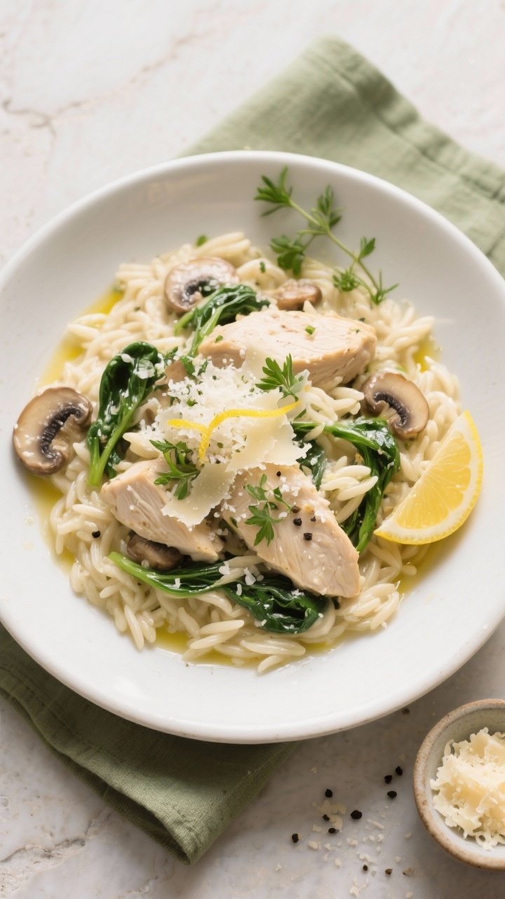 Final plated dish beauty: Creamy Chicken Orzo served in a wide, shallow white bowl, overhead top vie