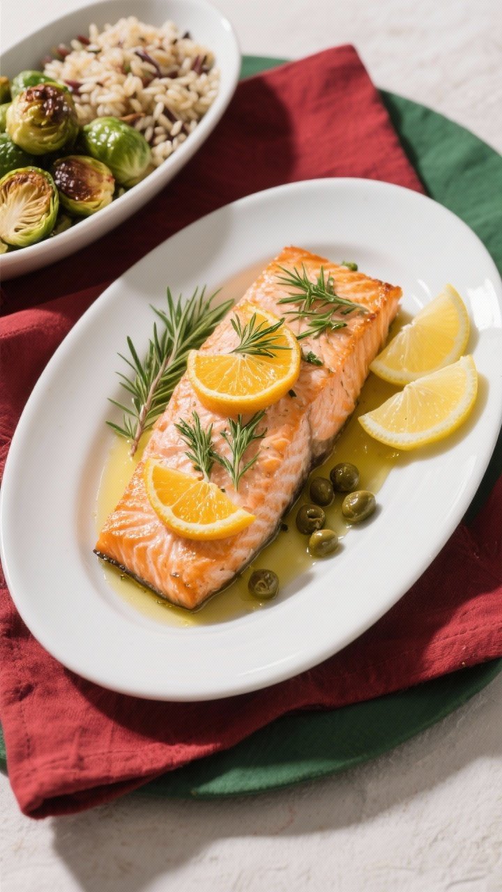 Final plated dish, overhead: Beautifully plated Christmas baked salmon on a white oval platter, citr