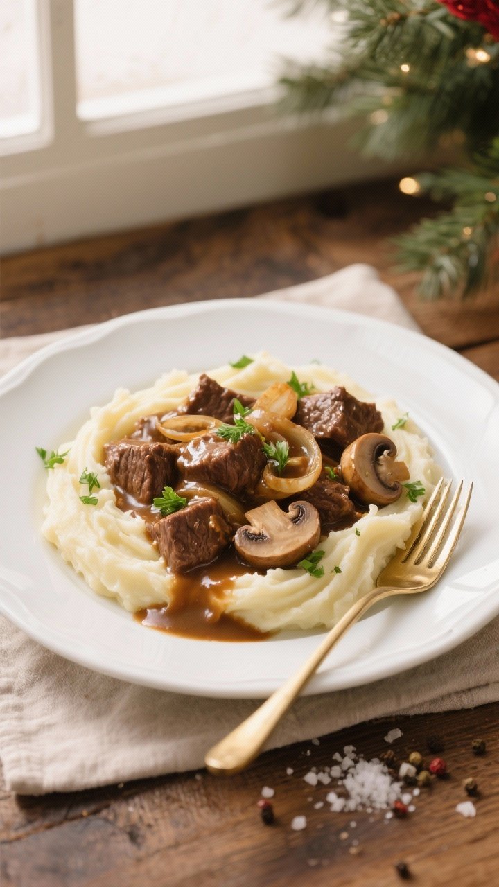 Final plated dish — Overhead shot of Slow Cooker Beef Tips with Gravy spooned over creamy mashed p