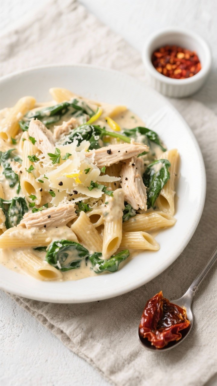 Final plated overhead: Crockpot Creamy Chicken Pasta (al dente penne) tossed in a rich, velvety crea