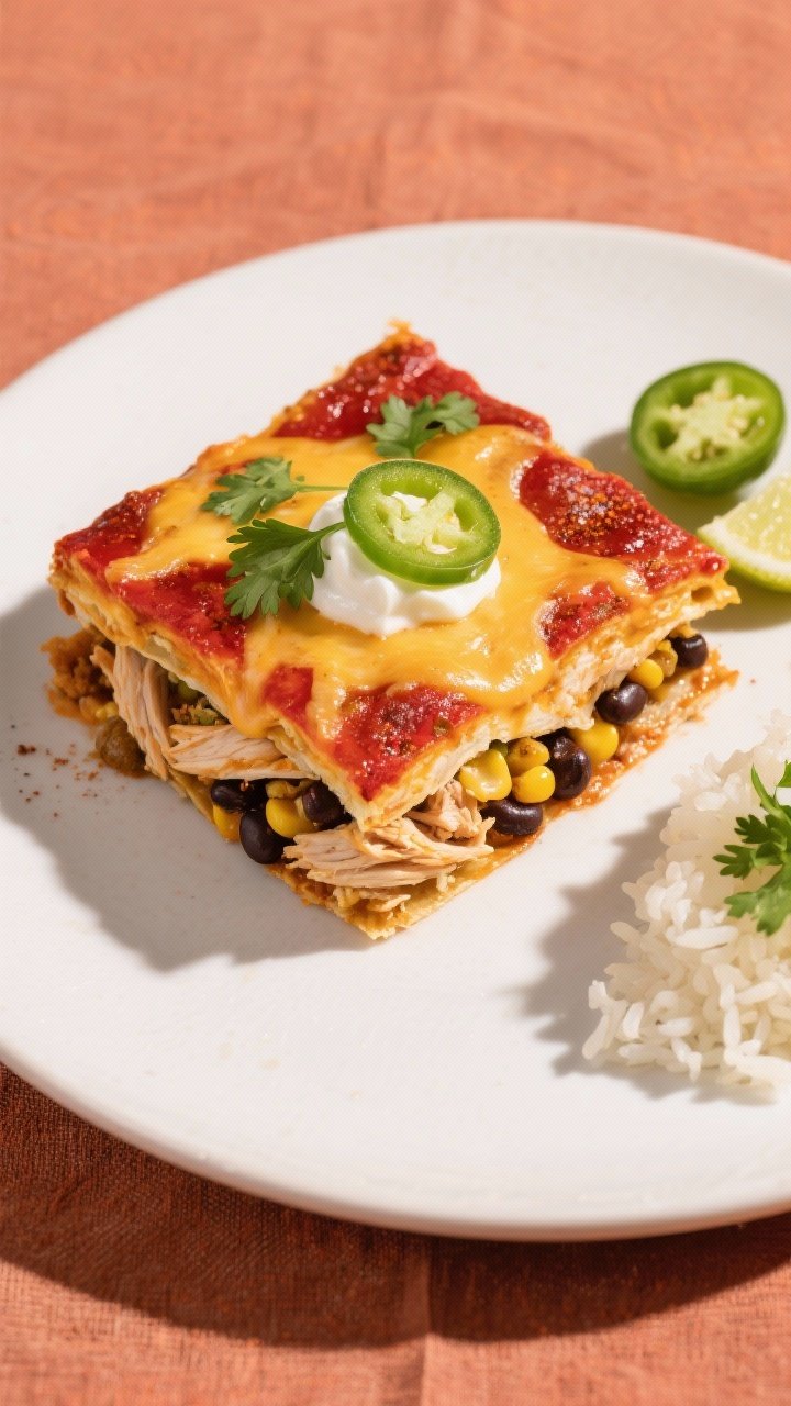 Final plated, : Overhead shot of a neatly sliced square of chicken enchilada casserole on a matte wh