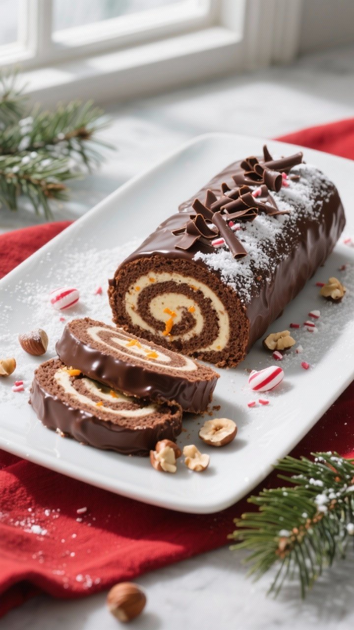 Final plated/overhead shot: Overhead of a fully chilled and sliced No-Bake Christmas Chocolate Cake 