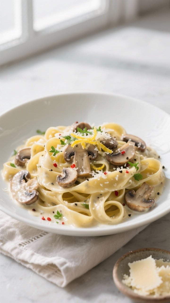 Final plated pasta — creamy Christmas mushroom pasta: Overhead shot of tagliatelle coated in silky