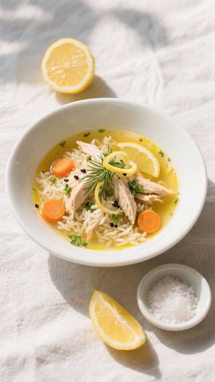 Final plated, tasty top view: Overhead shot of a beautifully plated bowl of lemon chicken and rice s