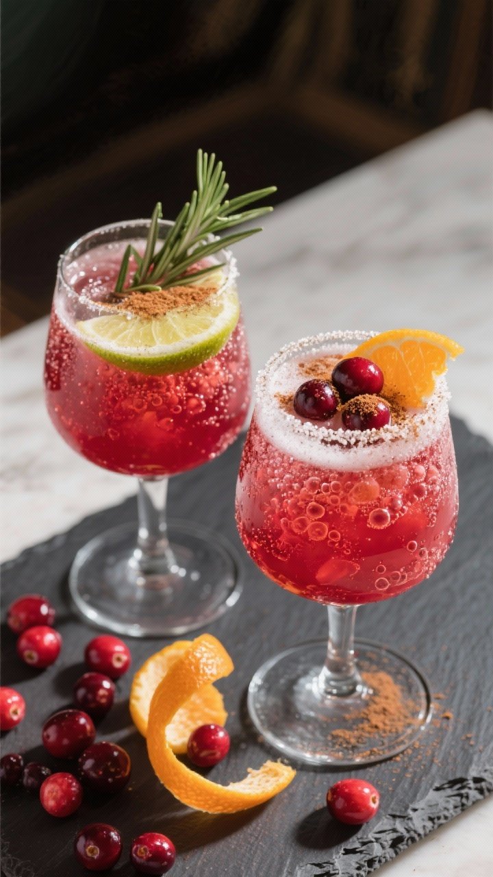 Final presentation/overhead shot: of two finished Christmas cranberry mocktails in clear stemless wi