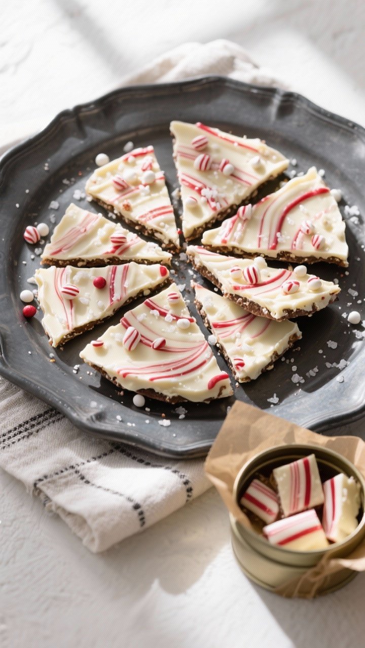 Overhead final presentation: Elegant tray of classic two-layer white chocolate peppermint bark arran