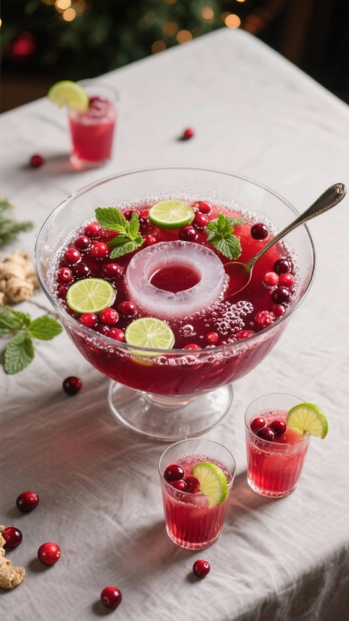 Overhead final presentation of a clear punch bowl of Cranberry Lime Ginger Fizz on a festive table: 