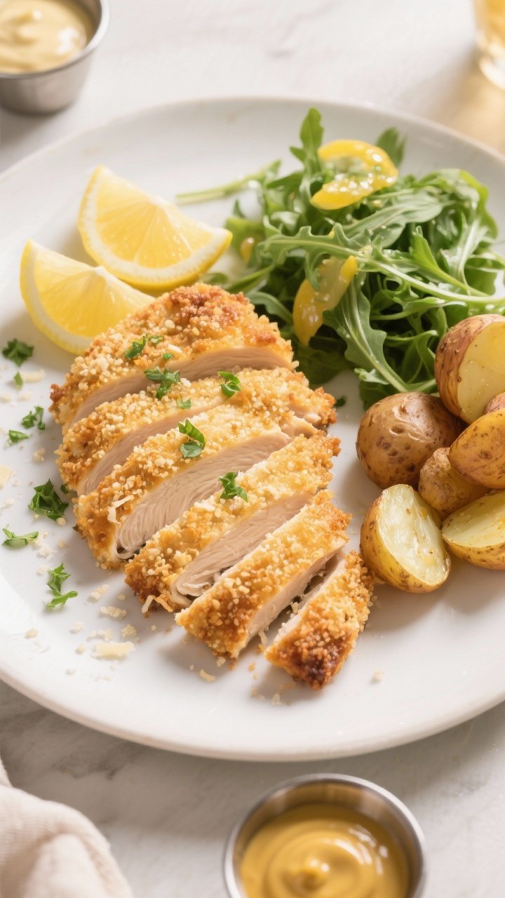 Overhead final presentation of sliced crispy baked chicken cutlets fanned on a matte white plate, ju