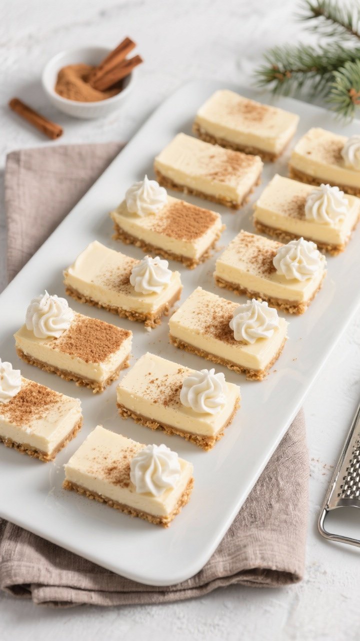 Overhead final presentation: Tasty of neatly arranged eggnog cheesecake bars on a matte white rectan