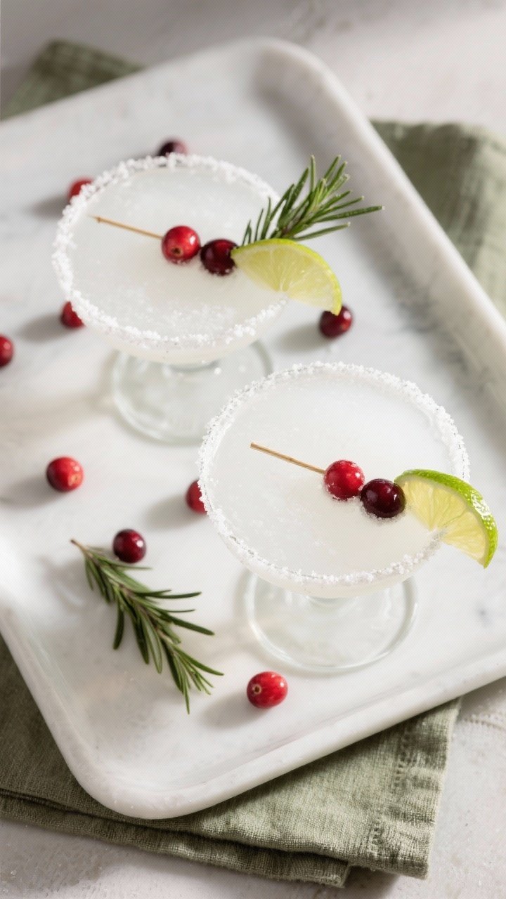 Overhead final presentation: Two White Christmas Margaritas on a matte white tray, highlighting the