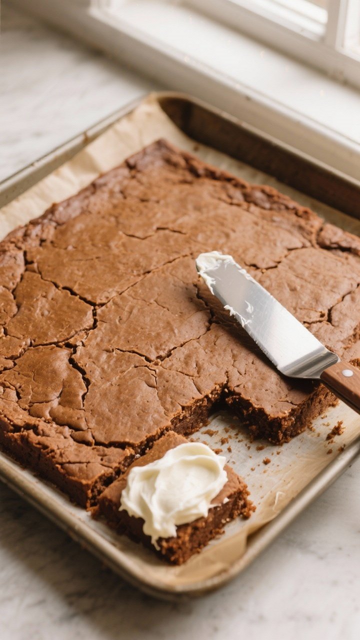 Overhead shot of a freshly baked slab of gingerbread cookie bars cooling in a parchment-lined 9x13 p