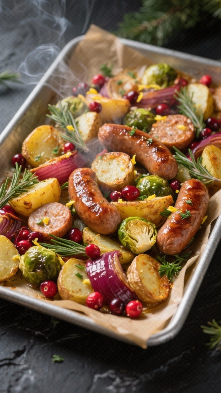 Overhead shot of a just-pulled-from-the-oven sheet pan Christmas sausage and potatoes: browned sausa