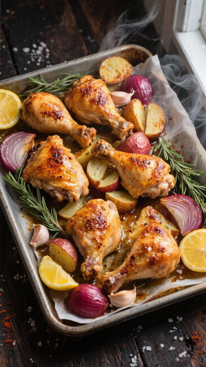 Overhead shot of a just-roasted one-pan Christmas chicken and potatoes on a large rimmed sheet pan: 