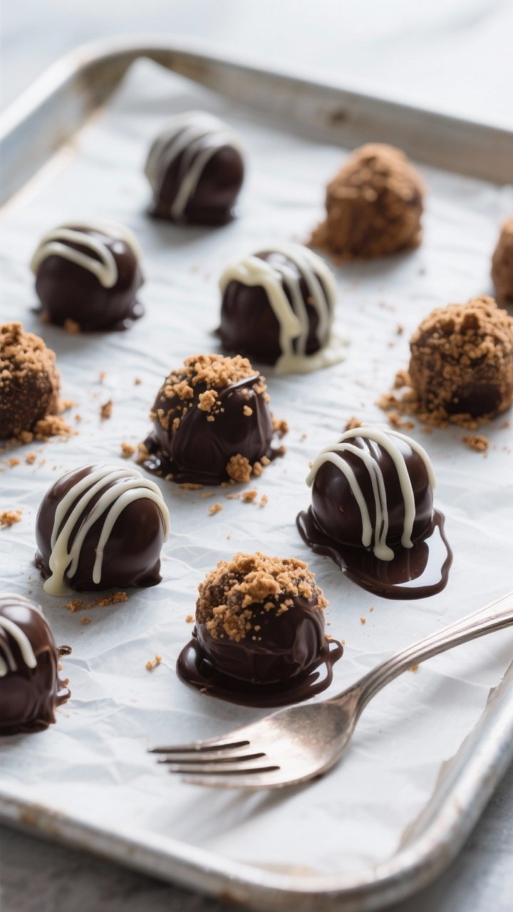 Overhead shot of finished gingerbread truffles arranged on a parchment-lined, chilled baking sheet r