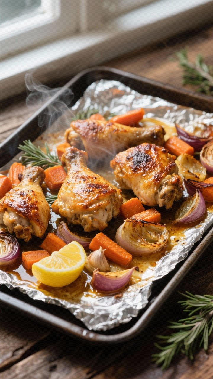 Overhead shot of roasted chicken thighs just out of the oven on a foil-lined sheet pan, skin deeply 