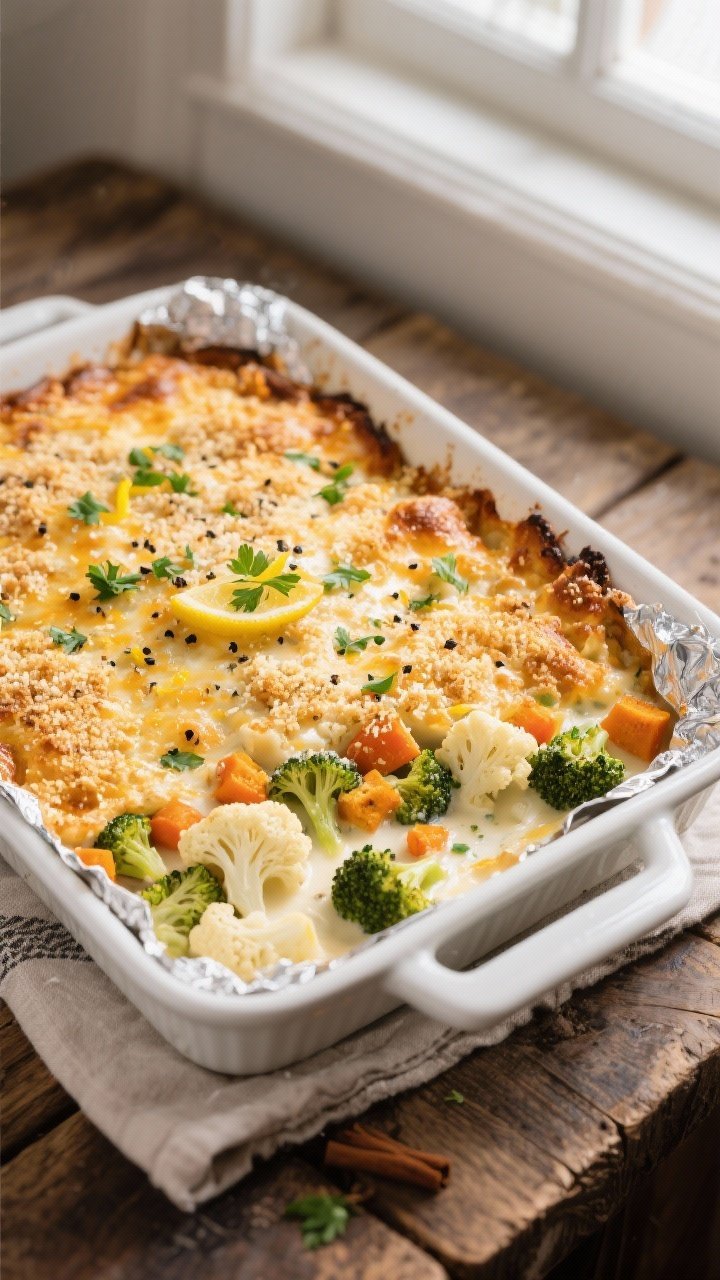 Overhead shot of the baked Creamy Christmas Veggie Bake just out of the oven, foil removed, showing 