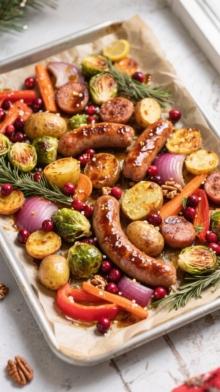 Overhead shot of the finished Sheet Pan Christmas Sausage and Veggies straight from the oven: carame