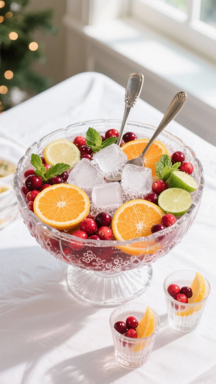 Overhead shot of the finished Sparkling Cranberry Citrus Bowl in a clear glass punch bowl, packed wi