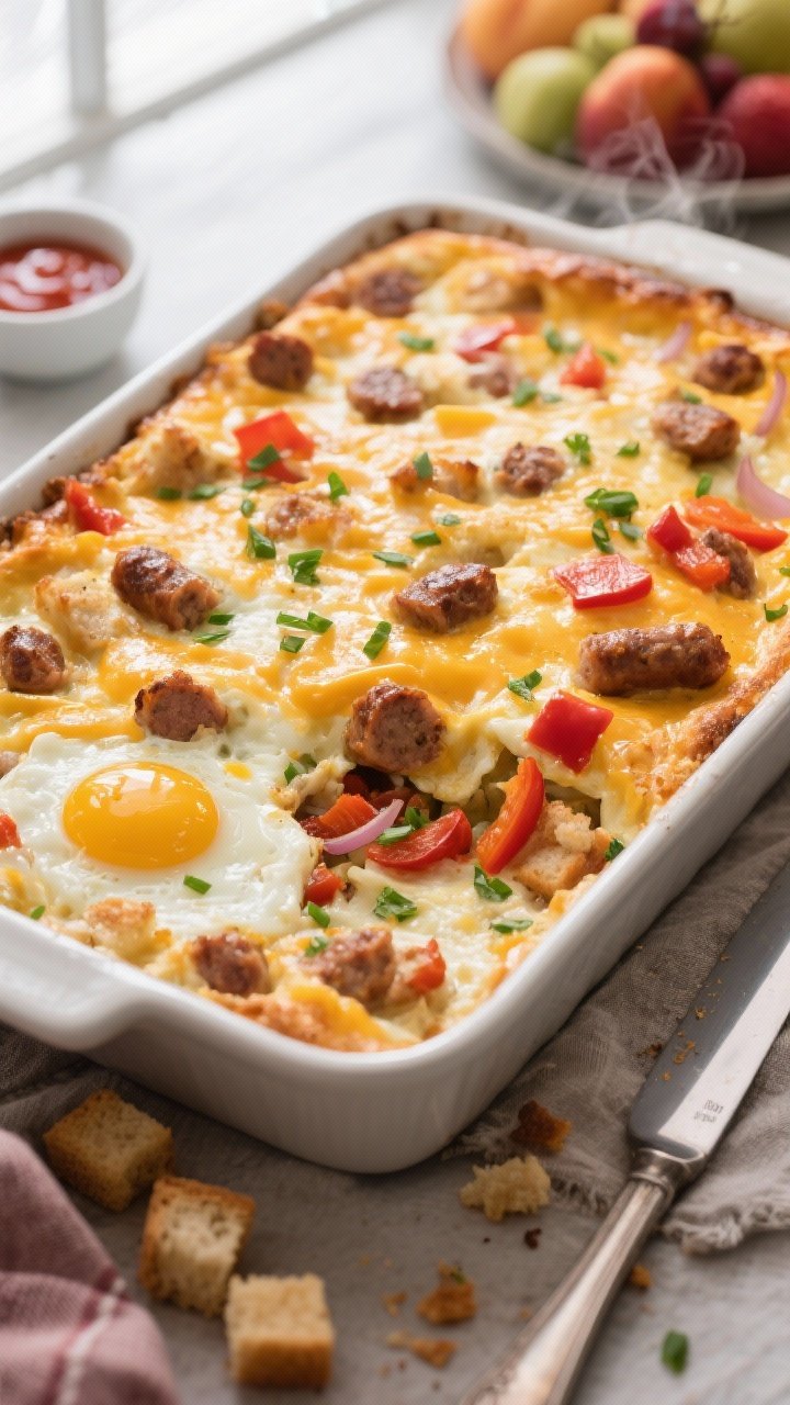 Overhead shot of the freshly baked Sausage and Egg Breakfast Casserole just out of the oven in a 9x1