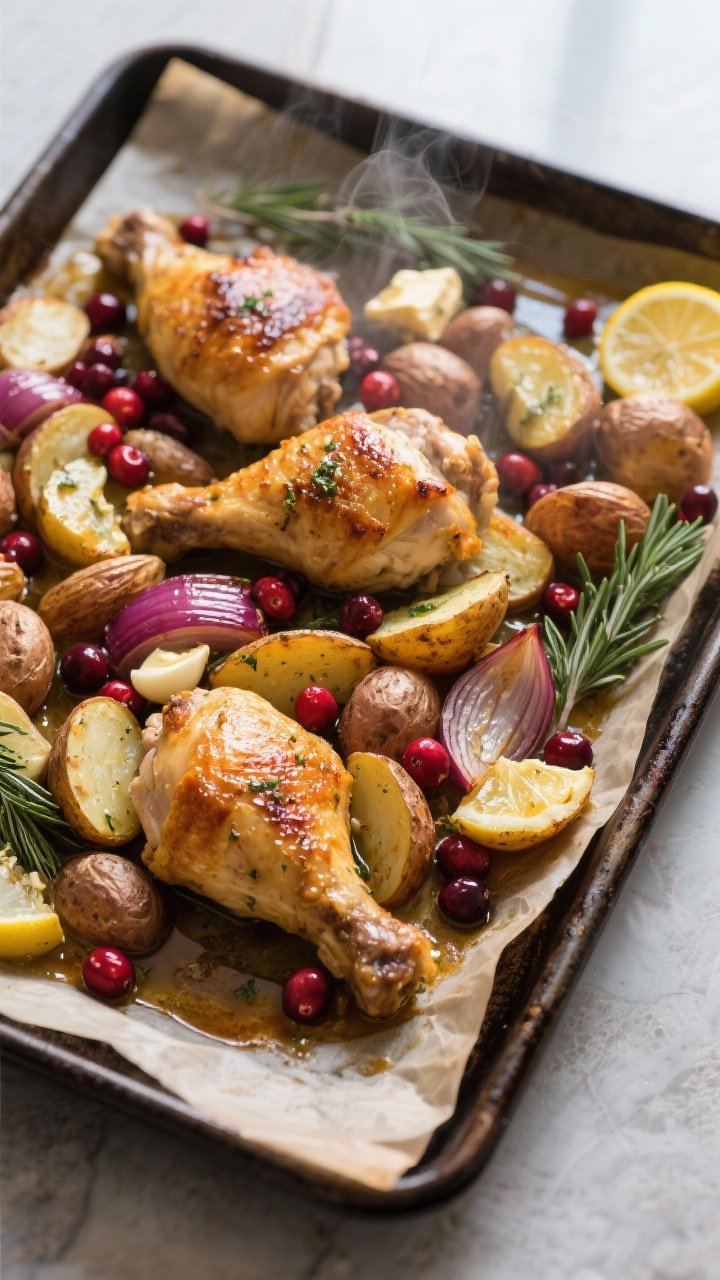 Overhead shot of the one-pan Christmas chicken and potatoes just out of the oven: golden, crackling 