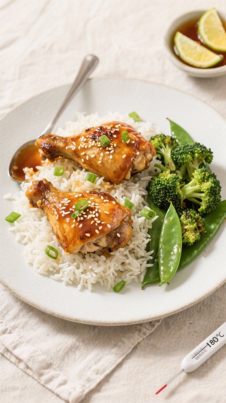 Tasty top-down final plate: Overhead shot of two baked honey garlic chicken thighs plated on a matte