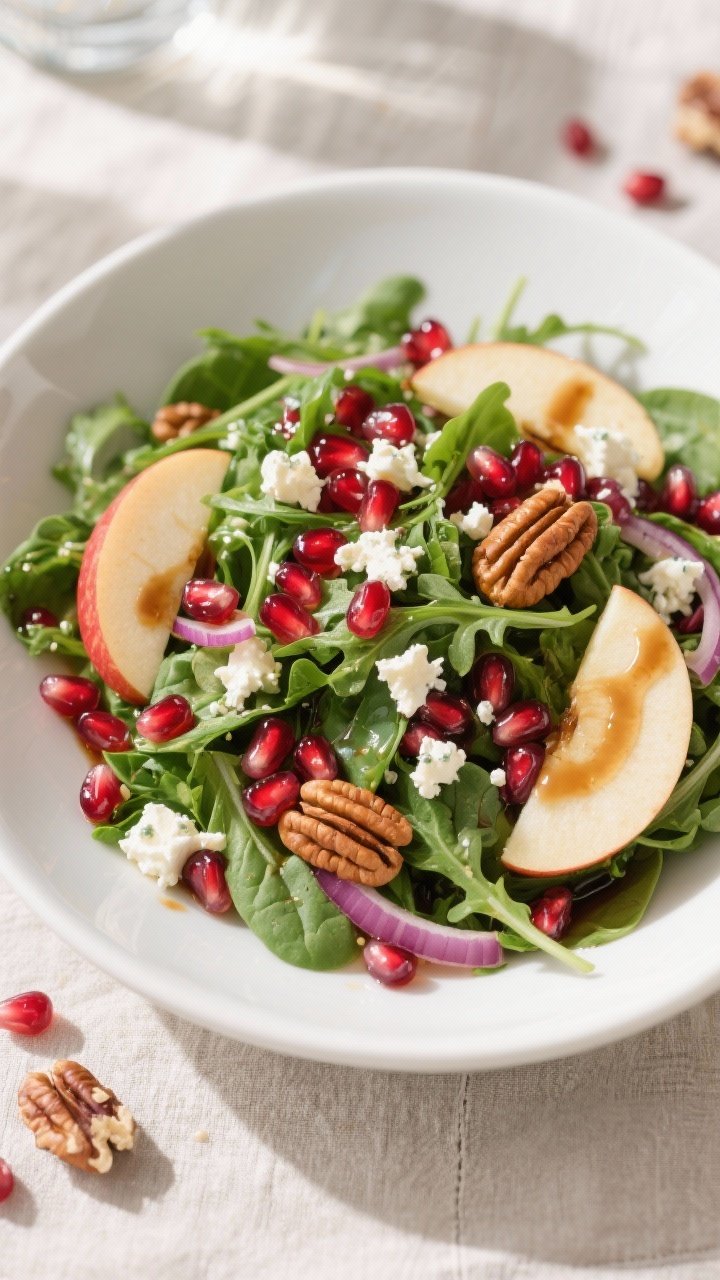 Tasty top view, final dish: Overhead shot of Balsamic Pomegranate Salad fully assembled in a wide, s
