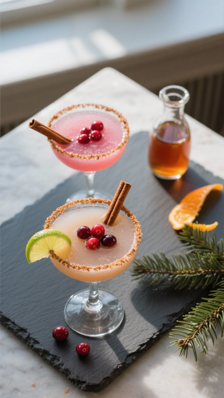 Tasty top view, final presentation: Overhead shot of two Spiced Christmas Margaritas—one classic a