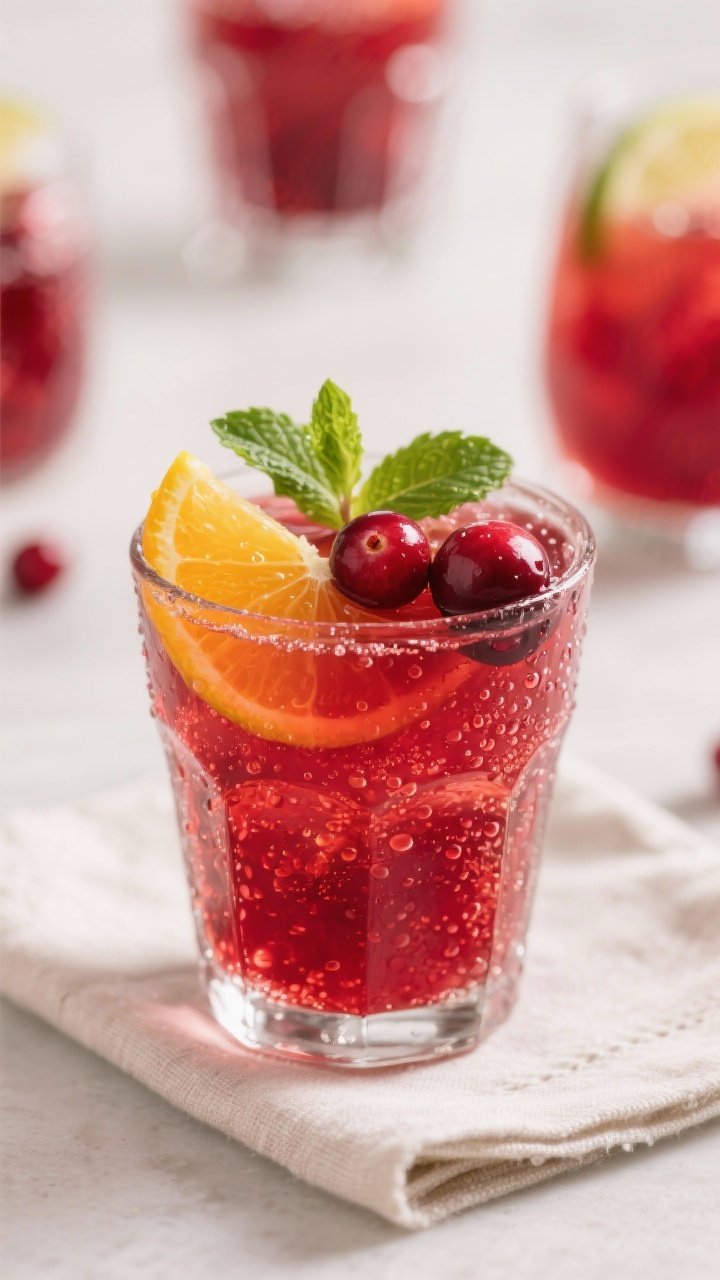 Close-up detail of a single served glass of the finished non-alcoholic cranberry holiday punch: spar