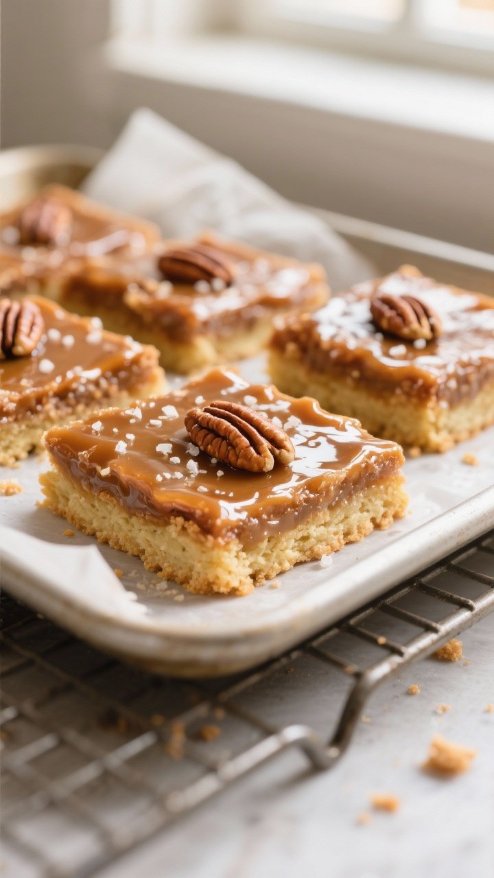Close-up detail shot of freshly baked pecan pie bars just out of the pan, showing the glossy, lightl