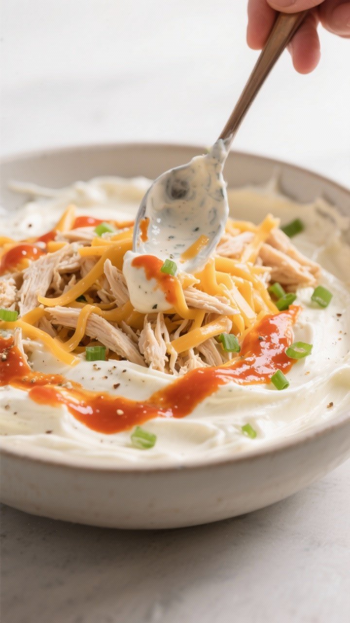 Close-up, mid-process cooking scene: the creamy base being folded together in a bowl with shredded r